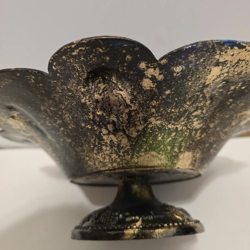 HANDCRAFTED Upcycled Silver Plated Stemmed Dish HANDPAINTED Centerpiece Art